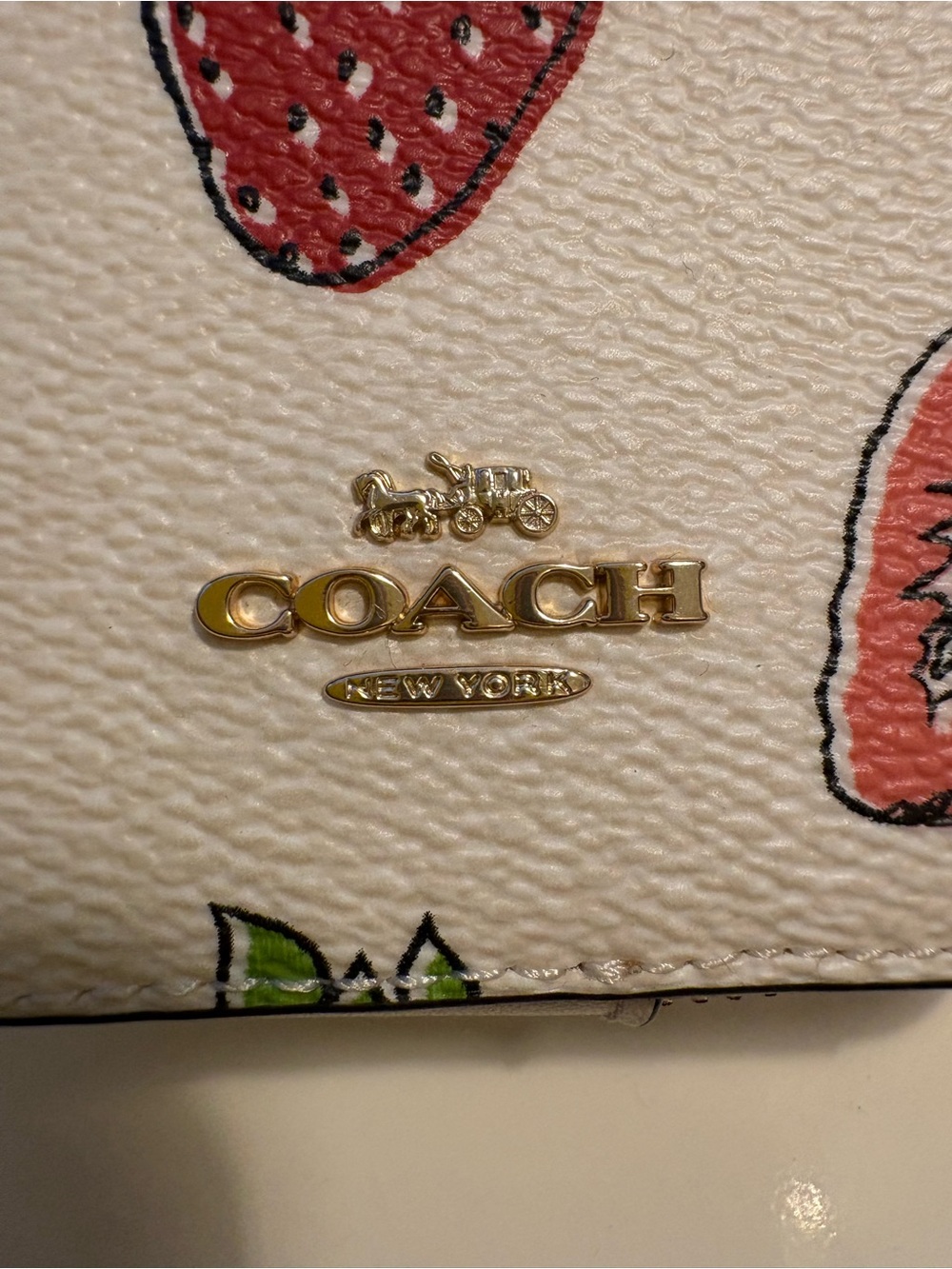 COACH White Strawberry Print Card Holder with Gold Chain - Picture 3 of 9